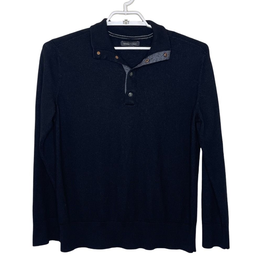 BANANA REPUBLIC‎ Sweater Men's XL Black Merino Wool 1/4 Snap Pullover Minimalist